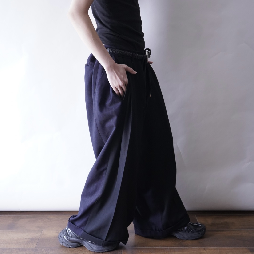 【W / W REMAKE】black × navy stripe docking wide slacks