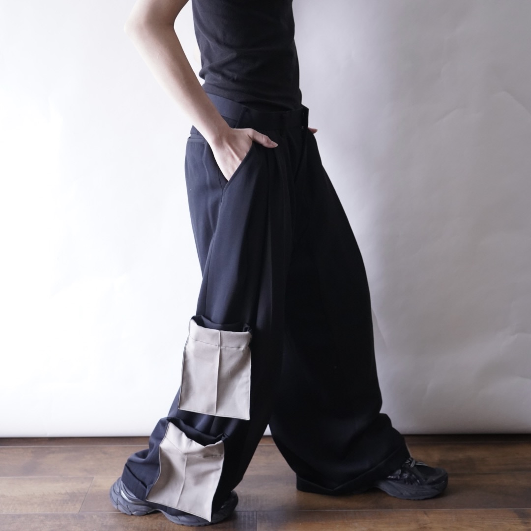 【W / W REMAKE】black × black docking & side cargo pocket wide slacks