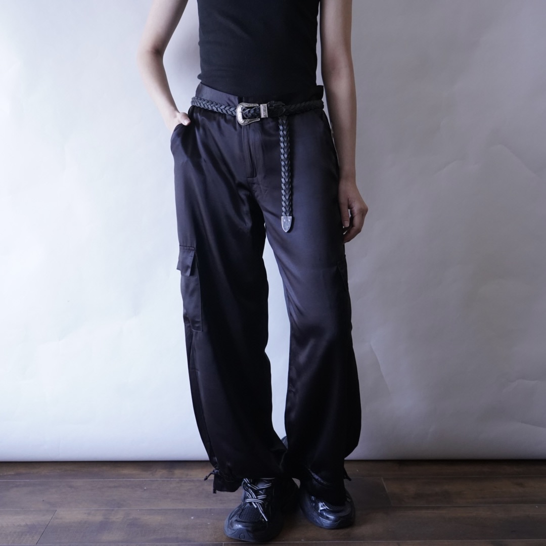 ribbon hem glossy black satin cargo pants