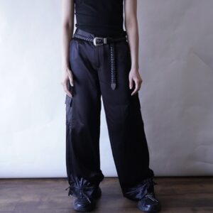 ribbon hem glossy black satin cargo pants