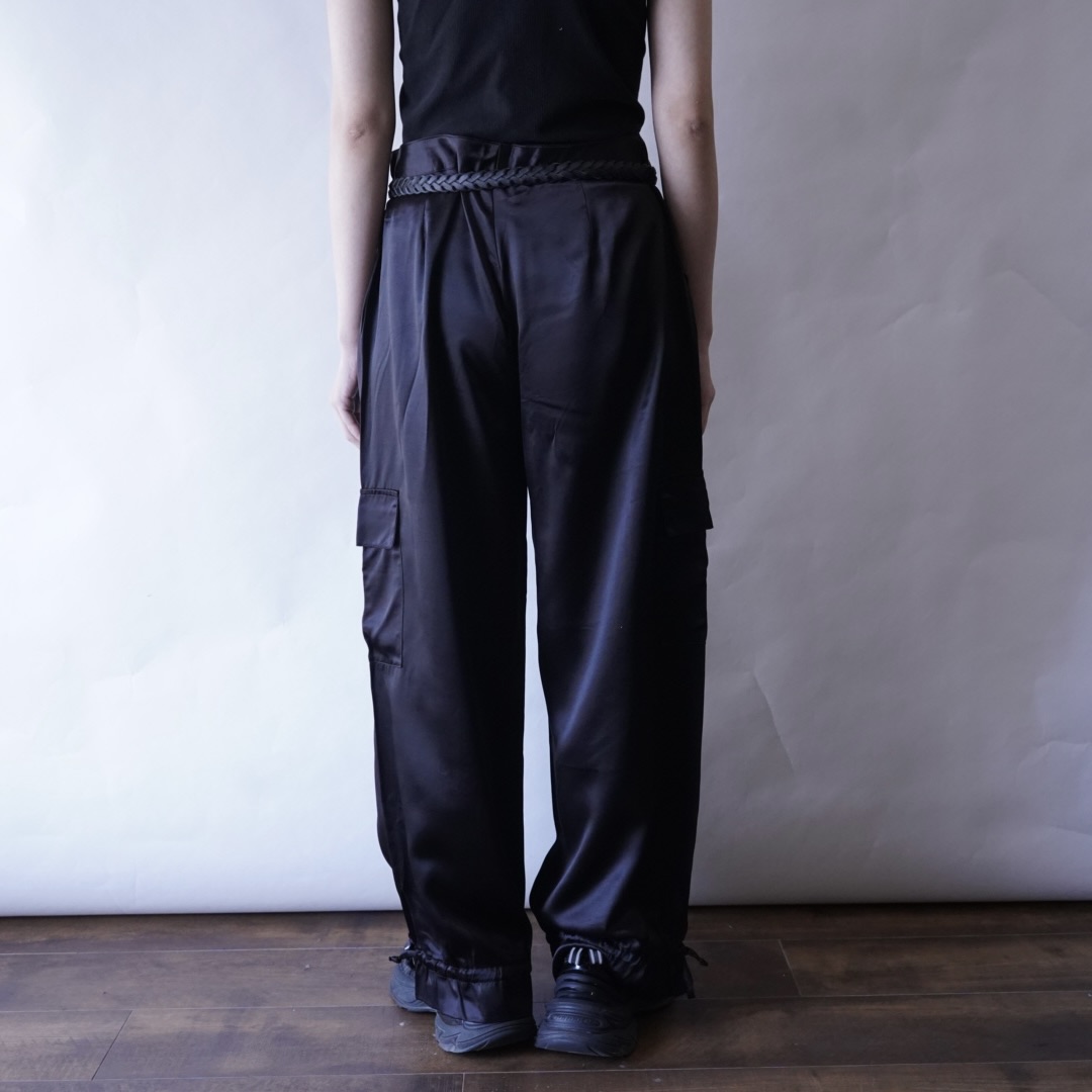 ribbon hem glossy black satin cargo pants