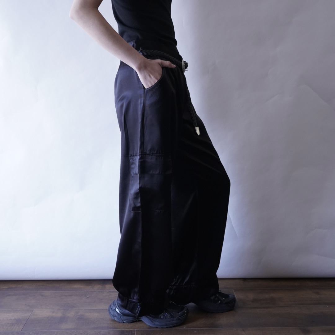 ribbon hem glossy black satin cargo pants