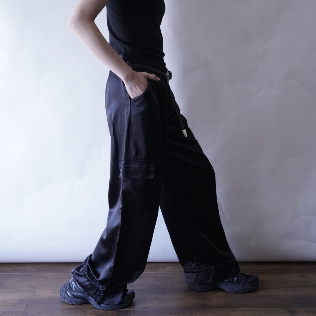 ribbon hem glossy black satin cargo pants