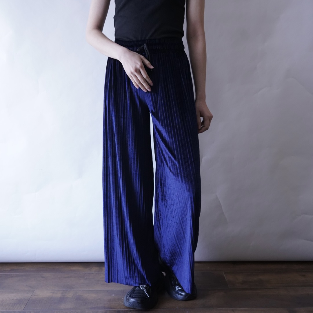 glossy blue velours pleats hakama pants