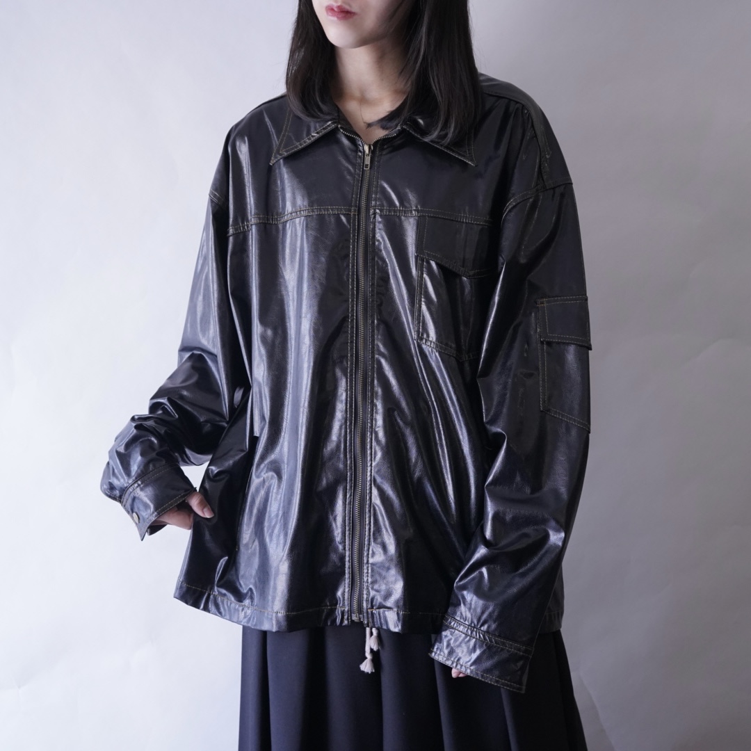 glossy enamel yellow stitch shirt jacket