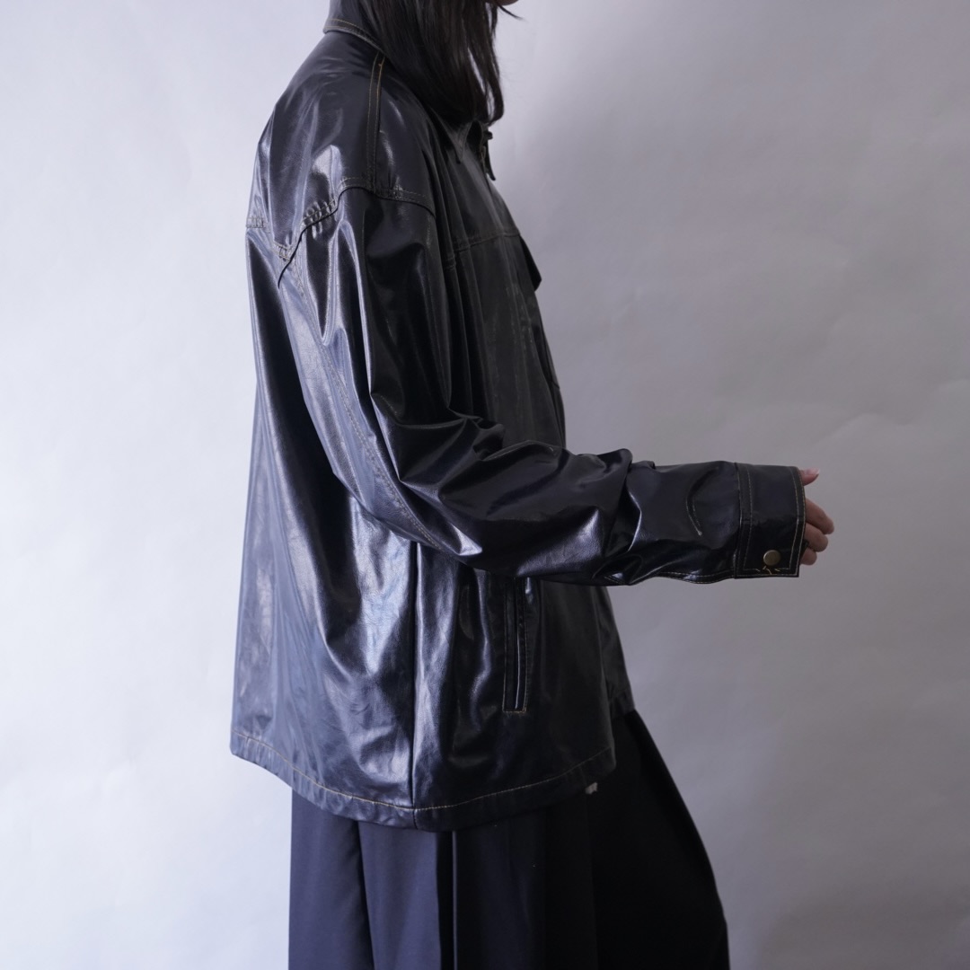 glossy enamel yellow stitch shirt jacket