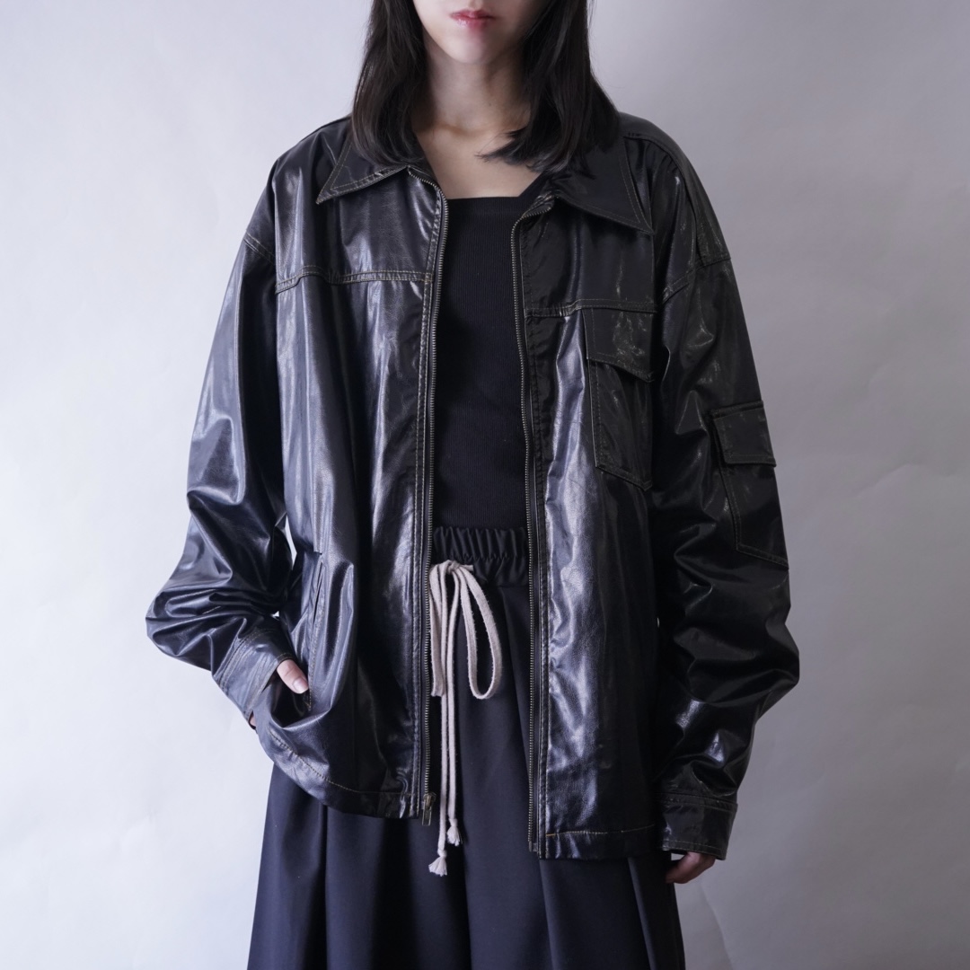 glossy enamel yellow stitch shirt jacket