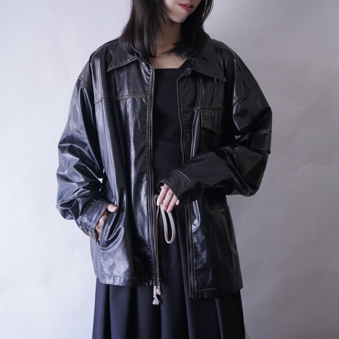 glossy enamel yellow stitch shirt jacket