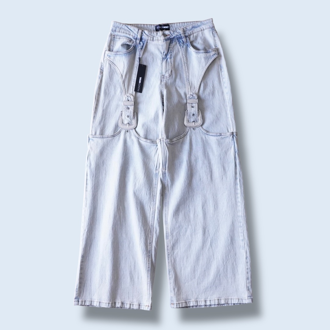 Y2K design bijou ornamental ice blue denim baggy pants