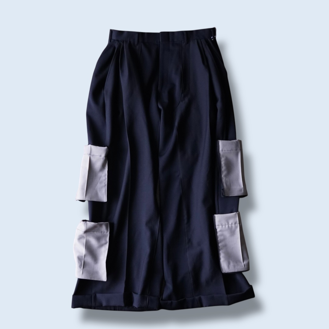 【W / W REMAKE】black × black docking & side cargo pocket wide slacks