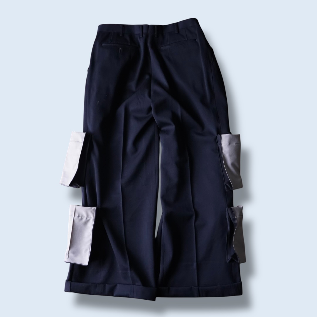 【W / W REMAKE】black × black docking & side cargo pocket wide slacks