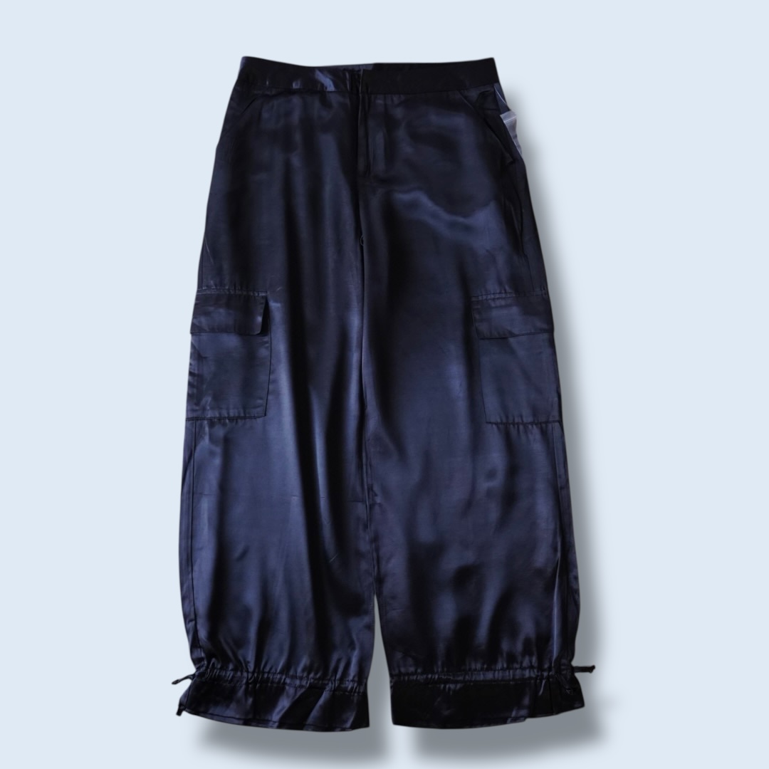 ribbon hem glossy black satin cargo pants