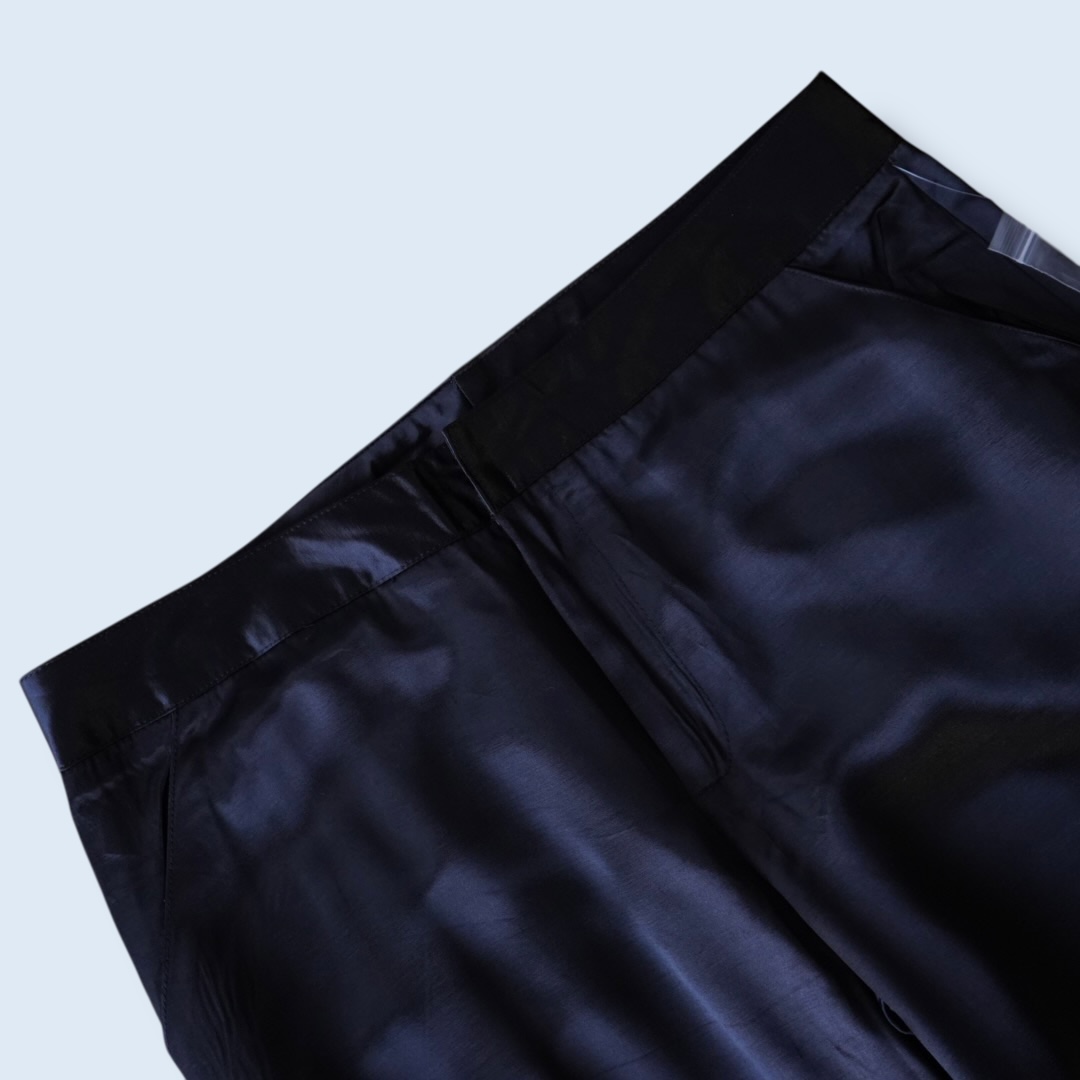 ribbon hem glossy black satin cargo pants