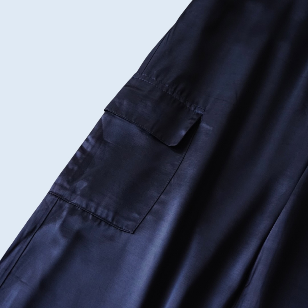 ribbon hem glossy black satin cargo pants