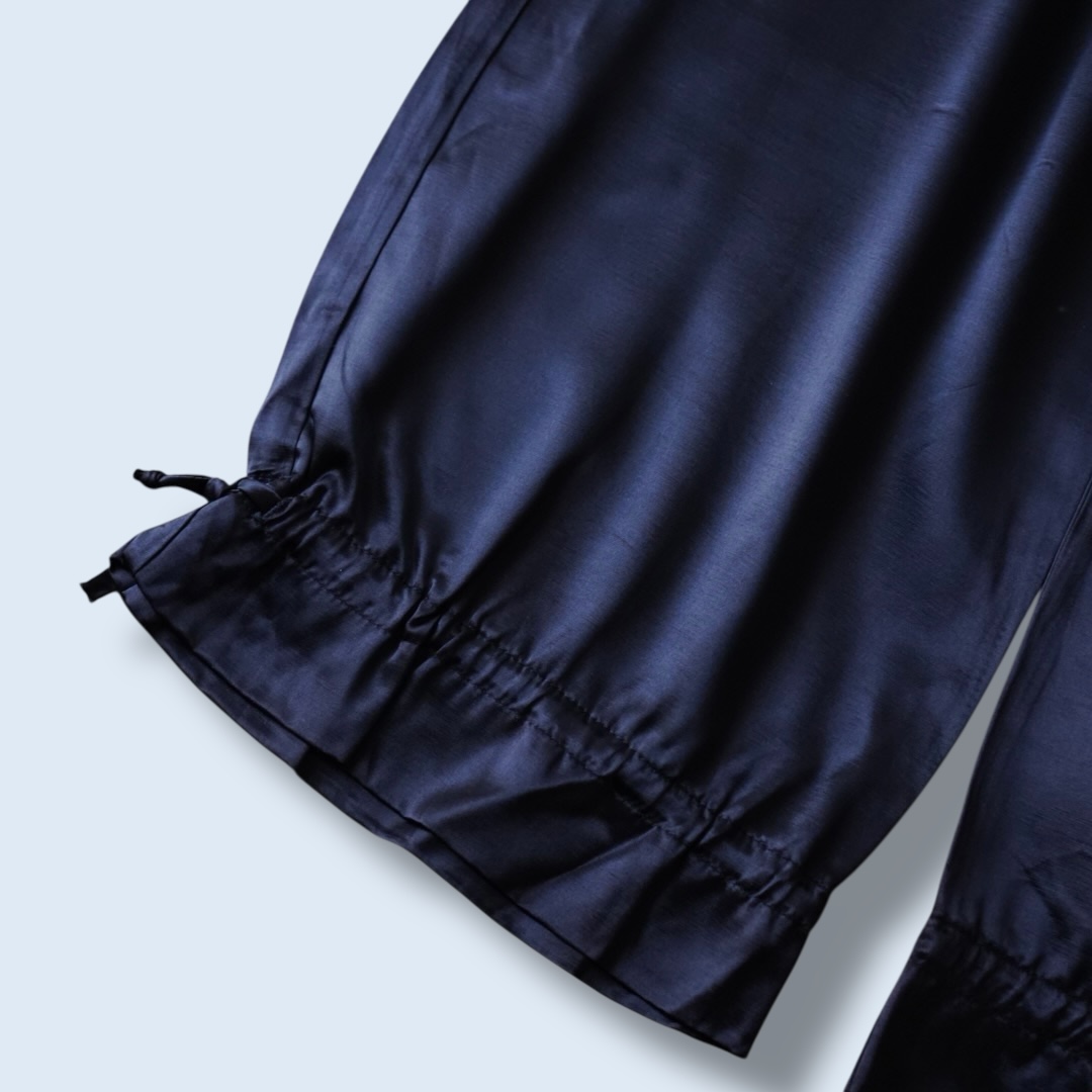 ribbon hem glossy black satin cargo pants