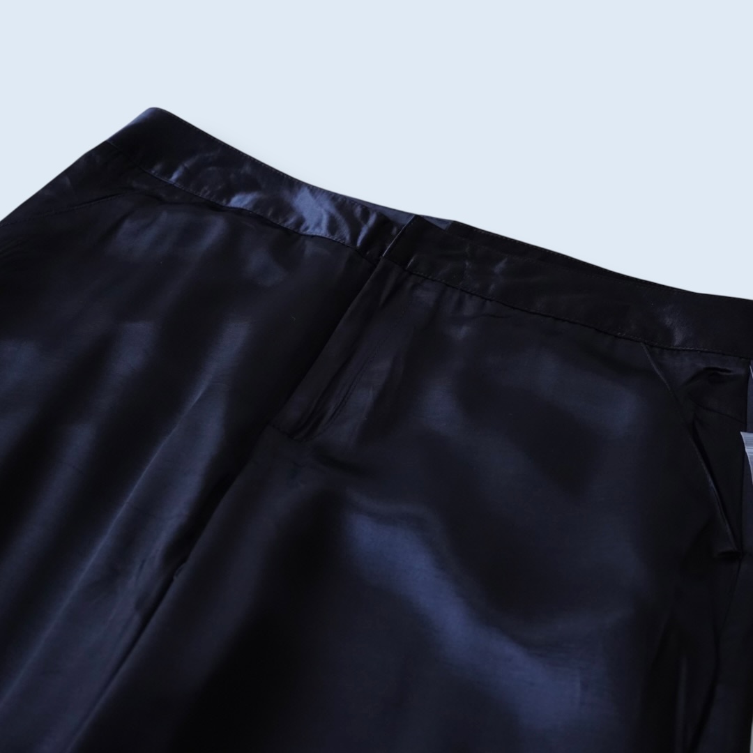 ribbon hem glossy black satin cargo pants
