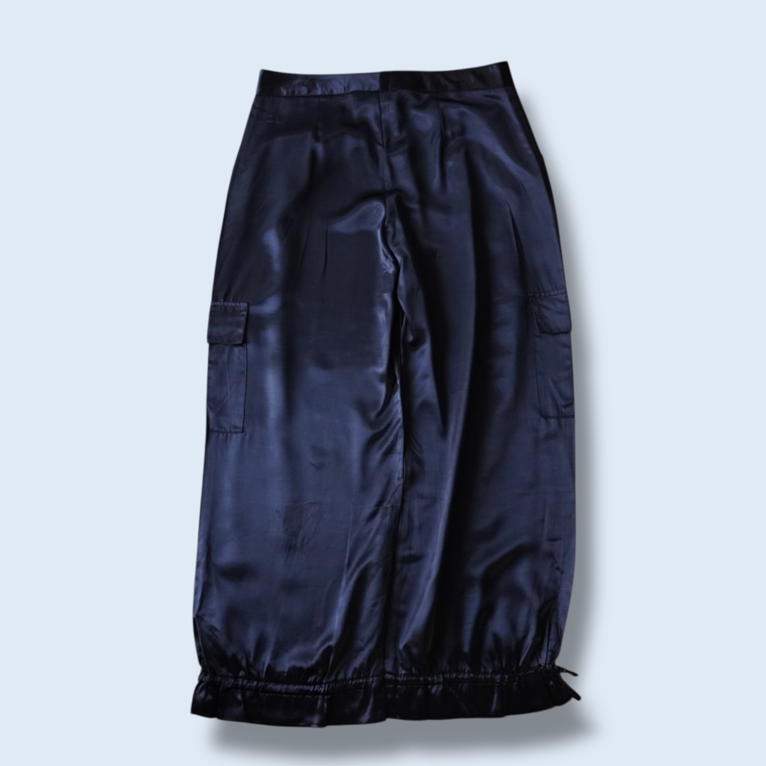 ribbon hem glossy black satin cargo pants
