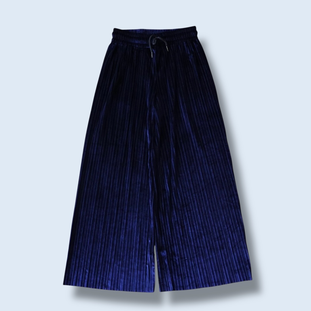 glossy blue velours pleats hakama pants