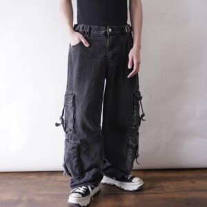 fade black denim multi gimmick cargo pants