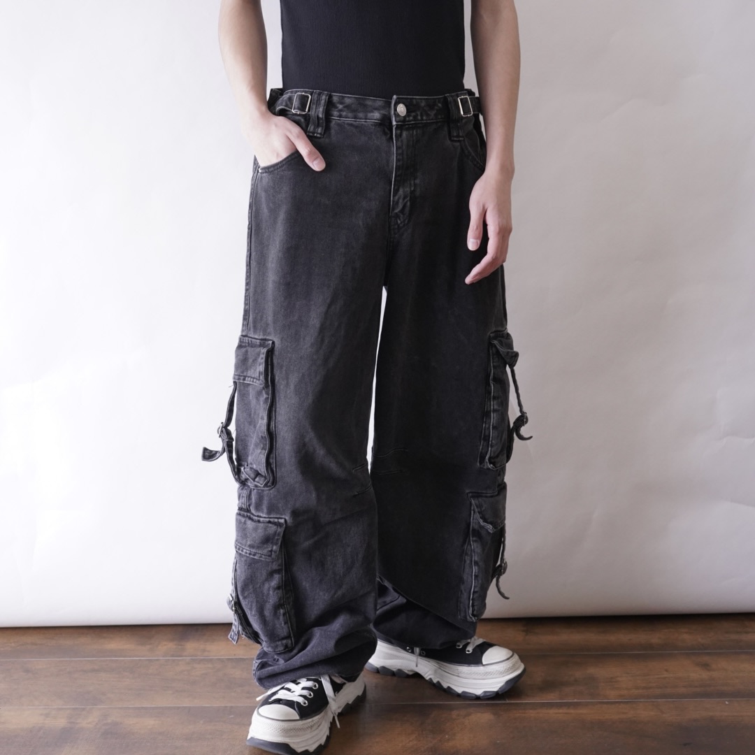 fade black denim multi gimmick cargo pants