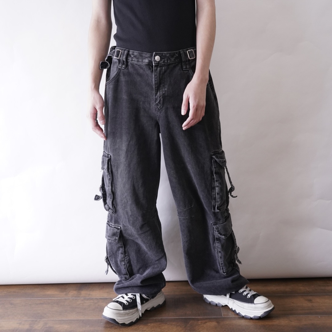 fade black denim multi gimmick cargo pants
