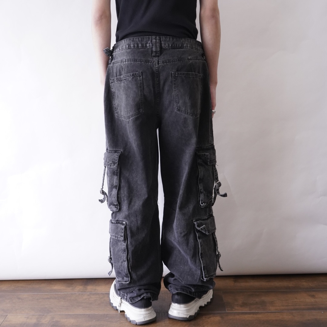 fade black denim multi gimmick cargo pants
