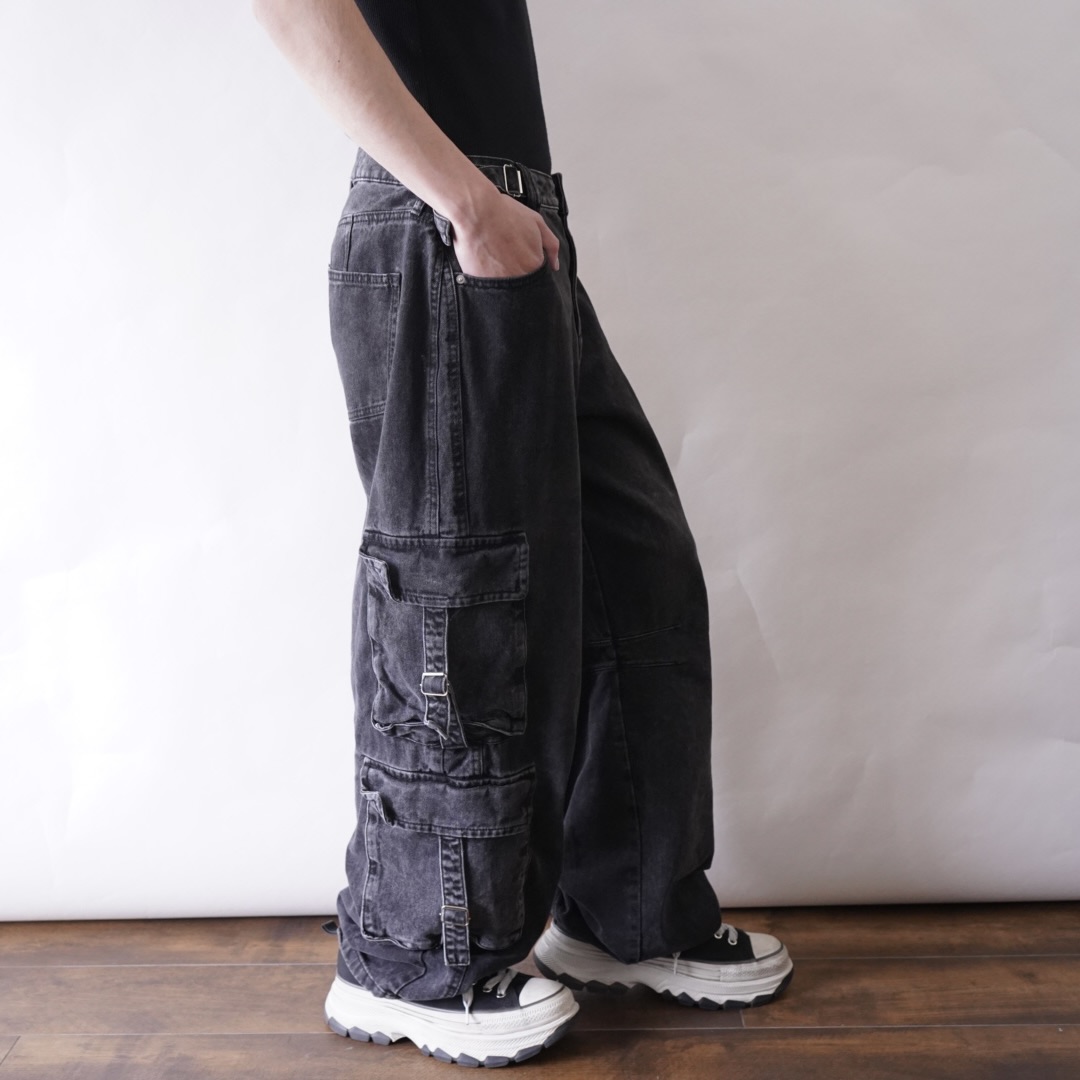 fade black denim multi gimmick cargo pants