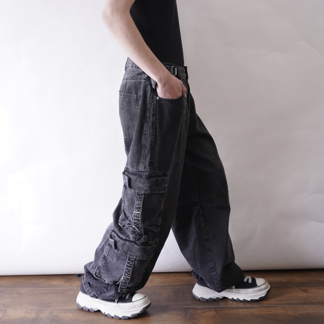 fade black denim multi gimmick cargo pants