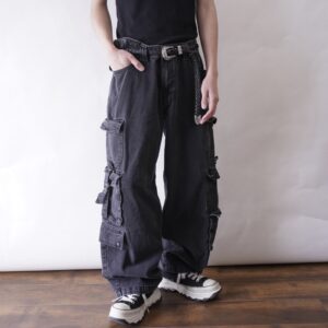 fade black multi gimmick wide denim pants
