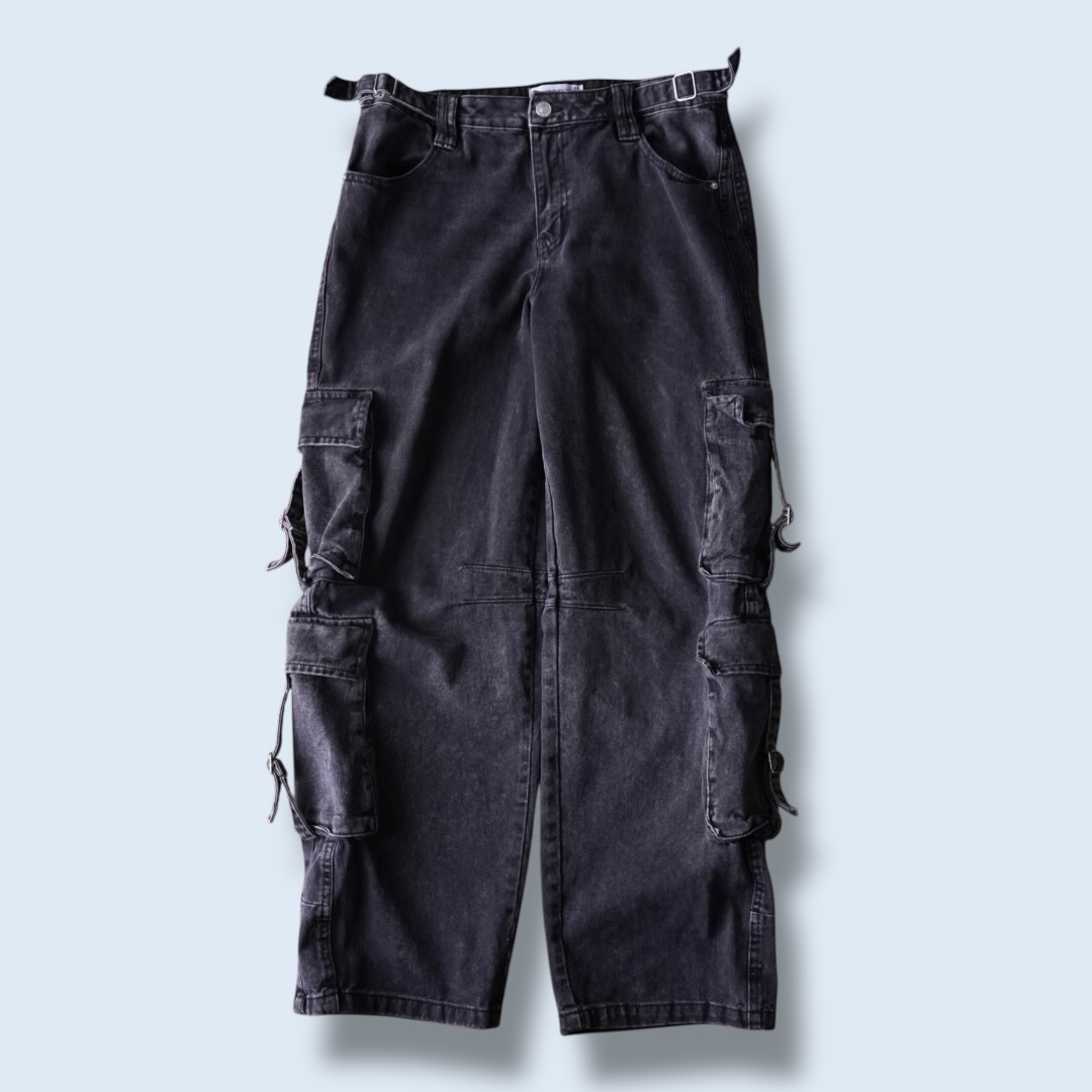 fade black denim multi gimmick cargo pants