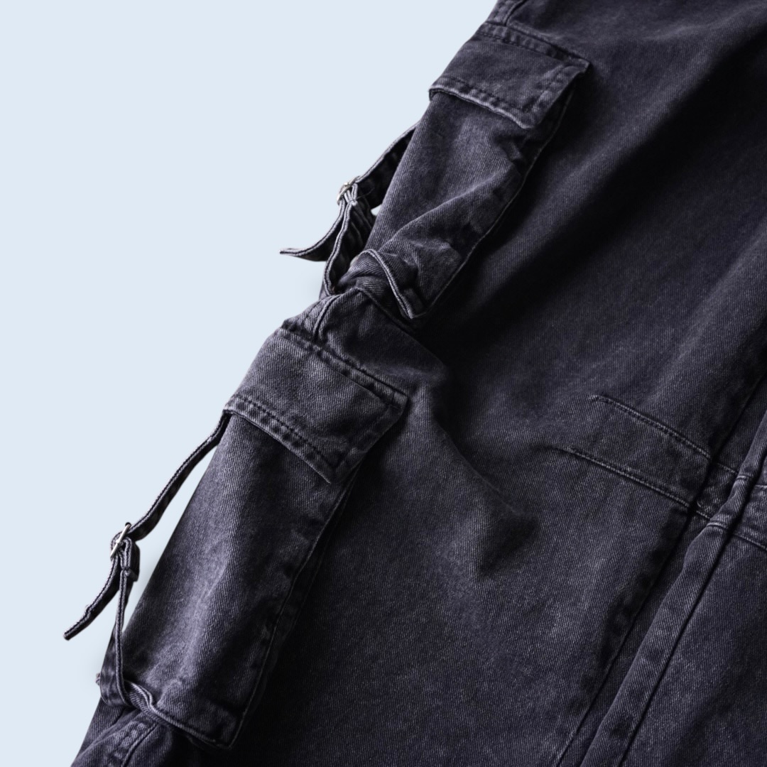 fade black denim multi gimmick cargo pants