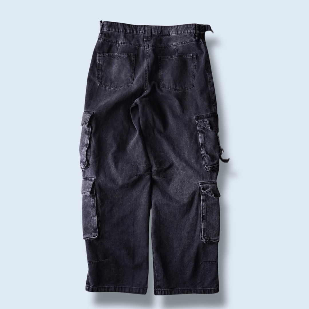 fade black denim multi gimmick cargo pants