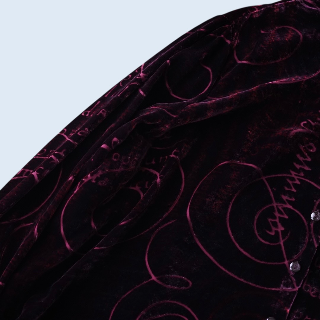 burgundy velours × see-through pattern shirt