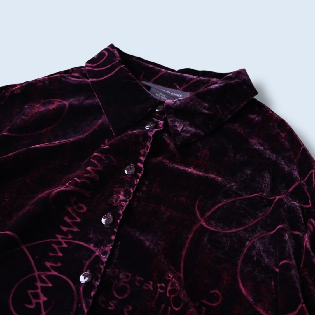 burgundy velours × see-through pattern shirt
