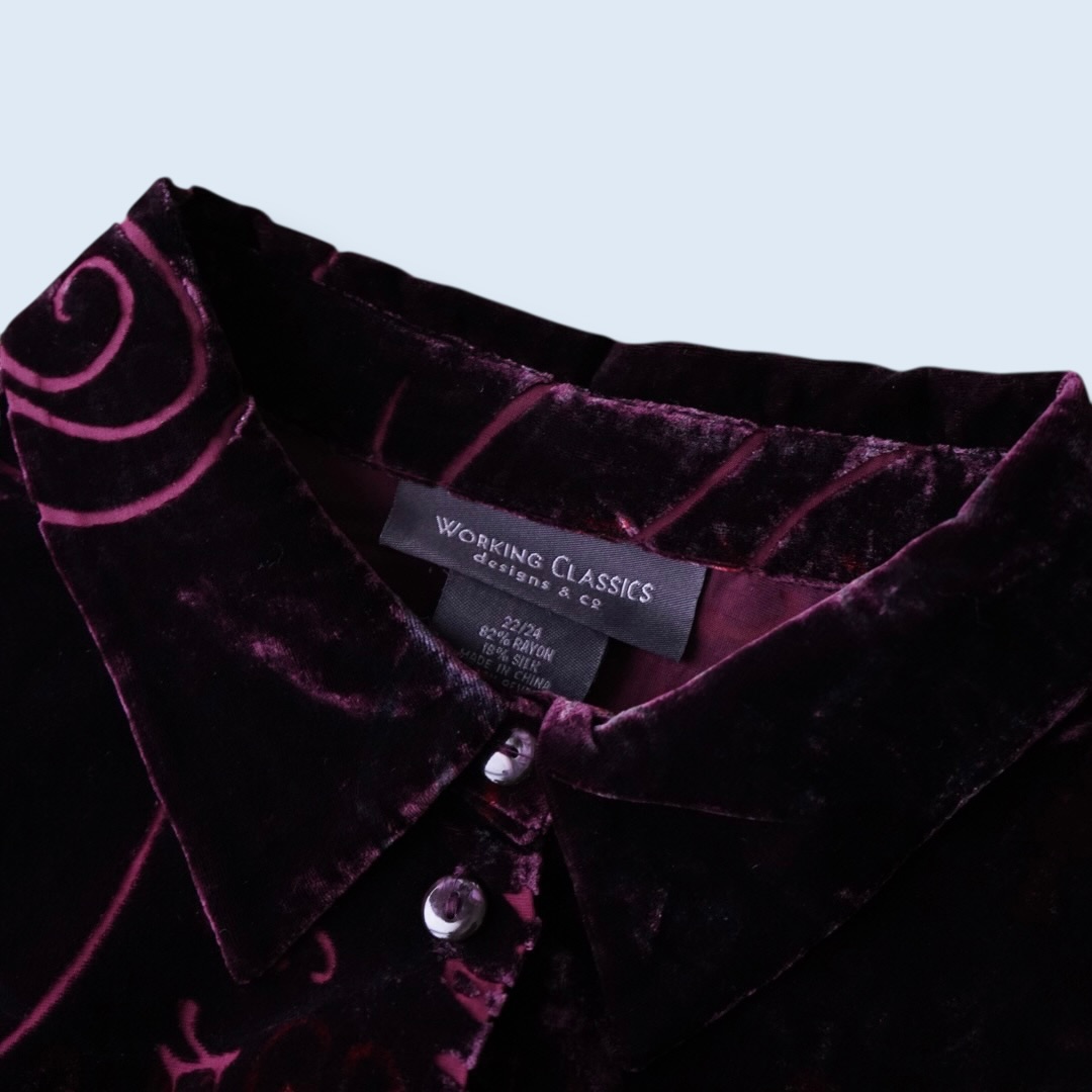 burgundy velours × see-through pattern shirt