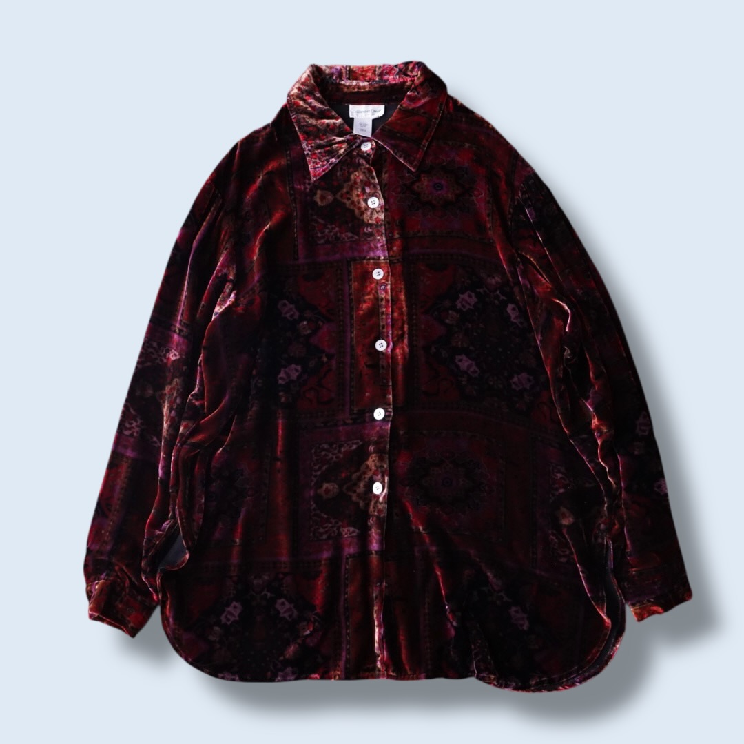 glossy red arabesque pattern velours shirt
