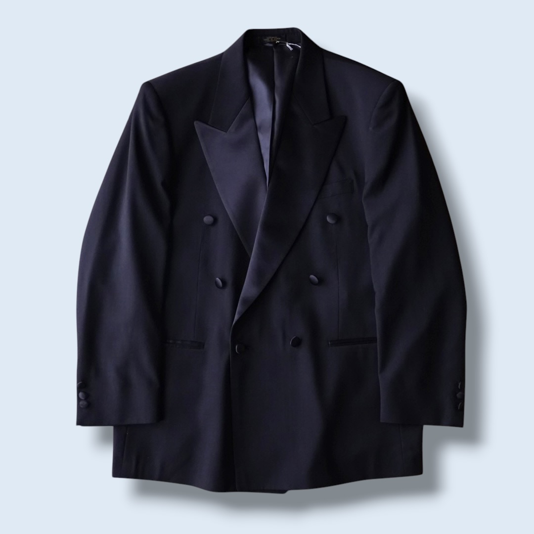 wool gabardine black satin lapel double breast tailored jacket