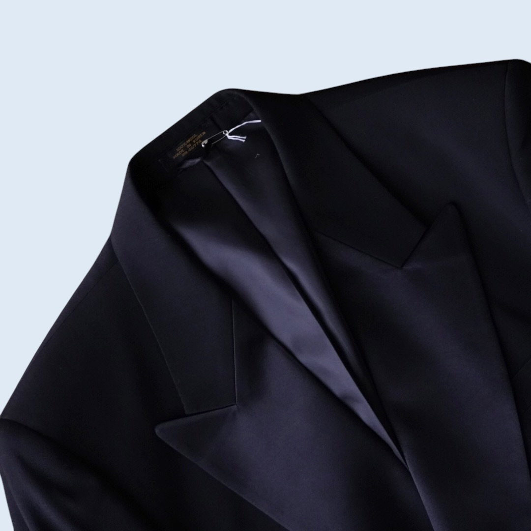 wool gabardine black satin lapel double breast tailored jacket