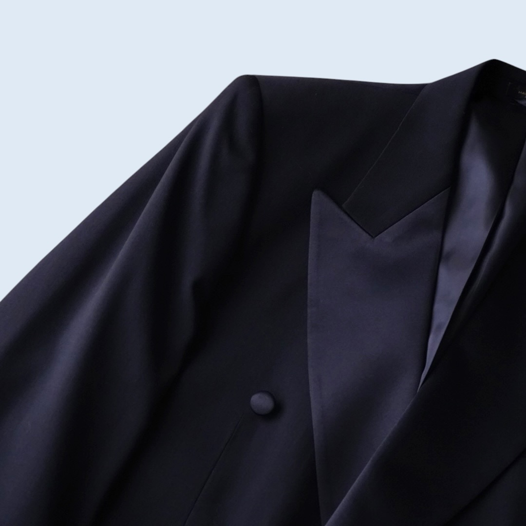 wool gabardine black satin lapel double breast tailored jacket