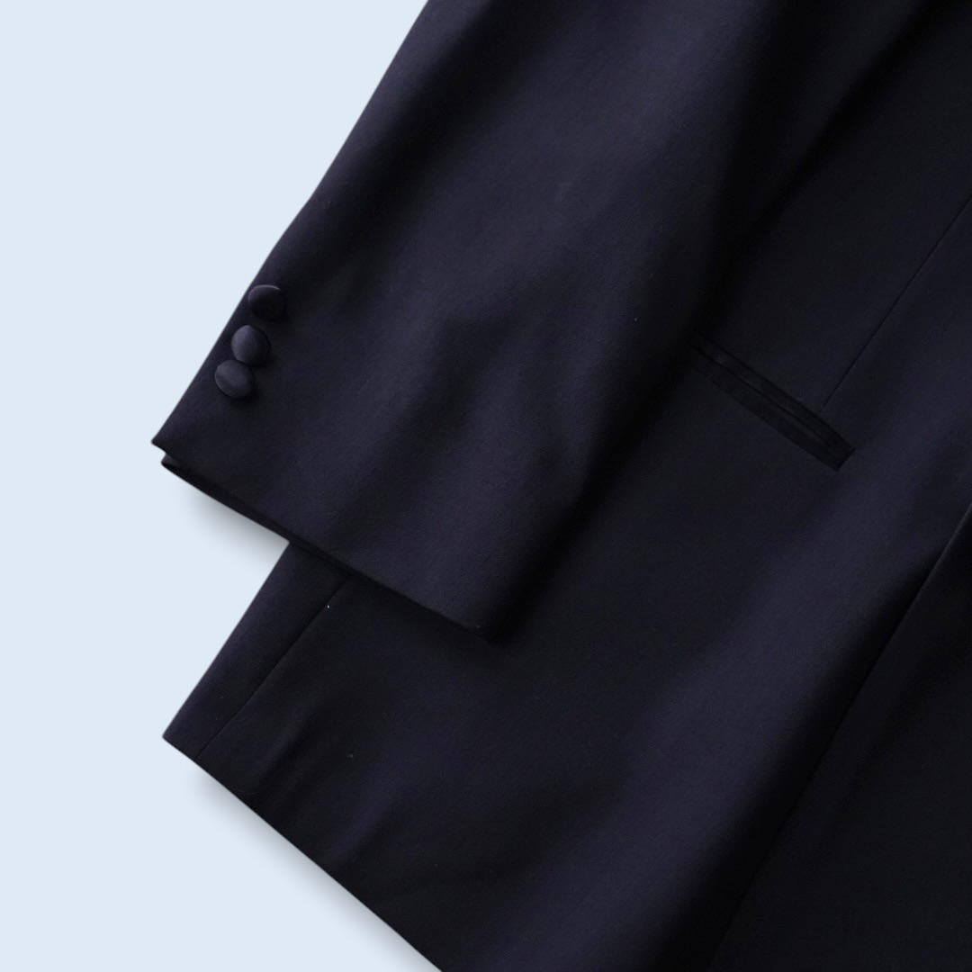 wool gabardine black satin lapel double breast tailored jacket