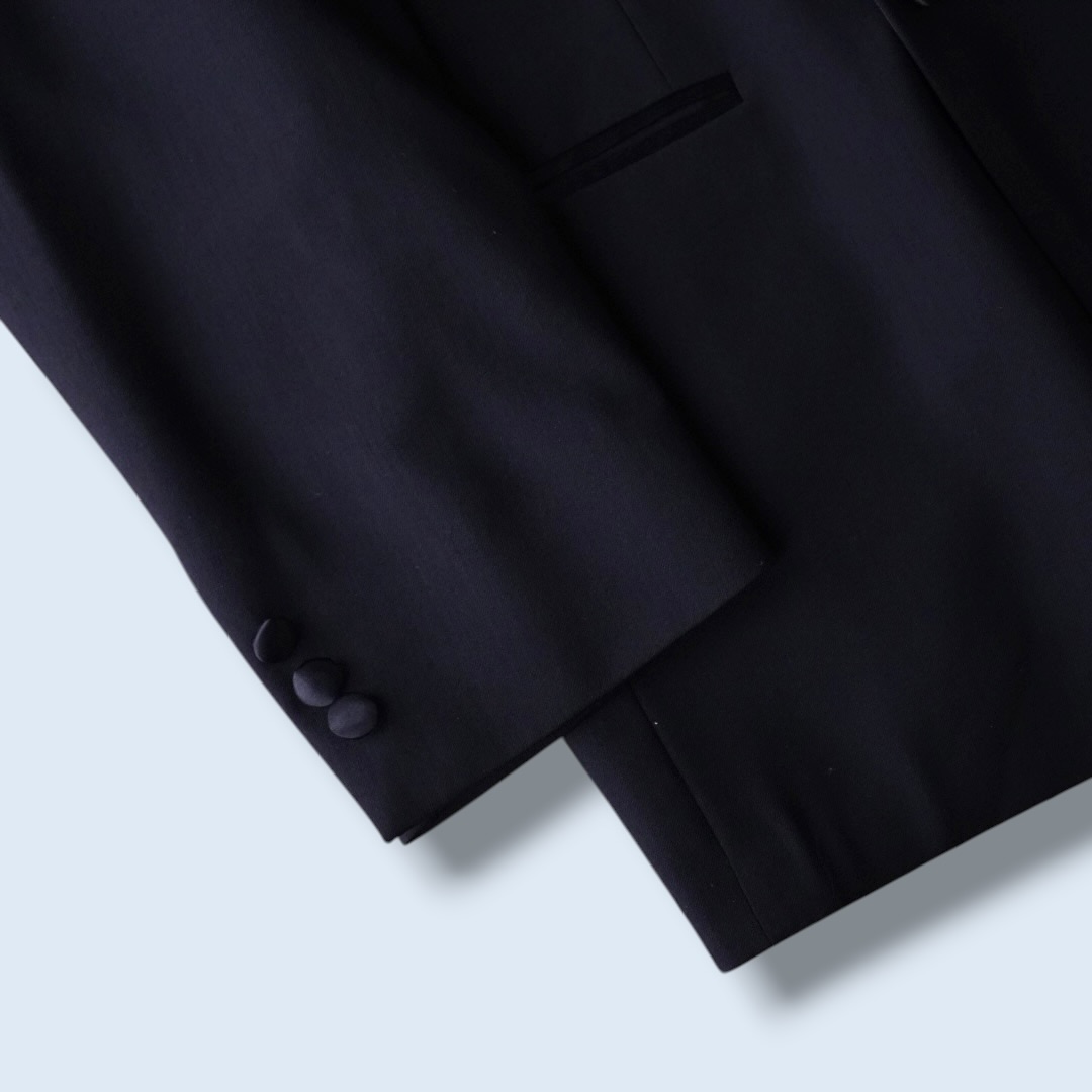 wool gabardine black satin lapel double breast tailored jacket