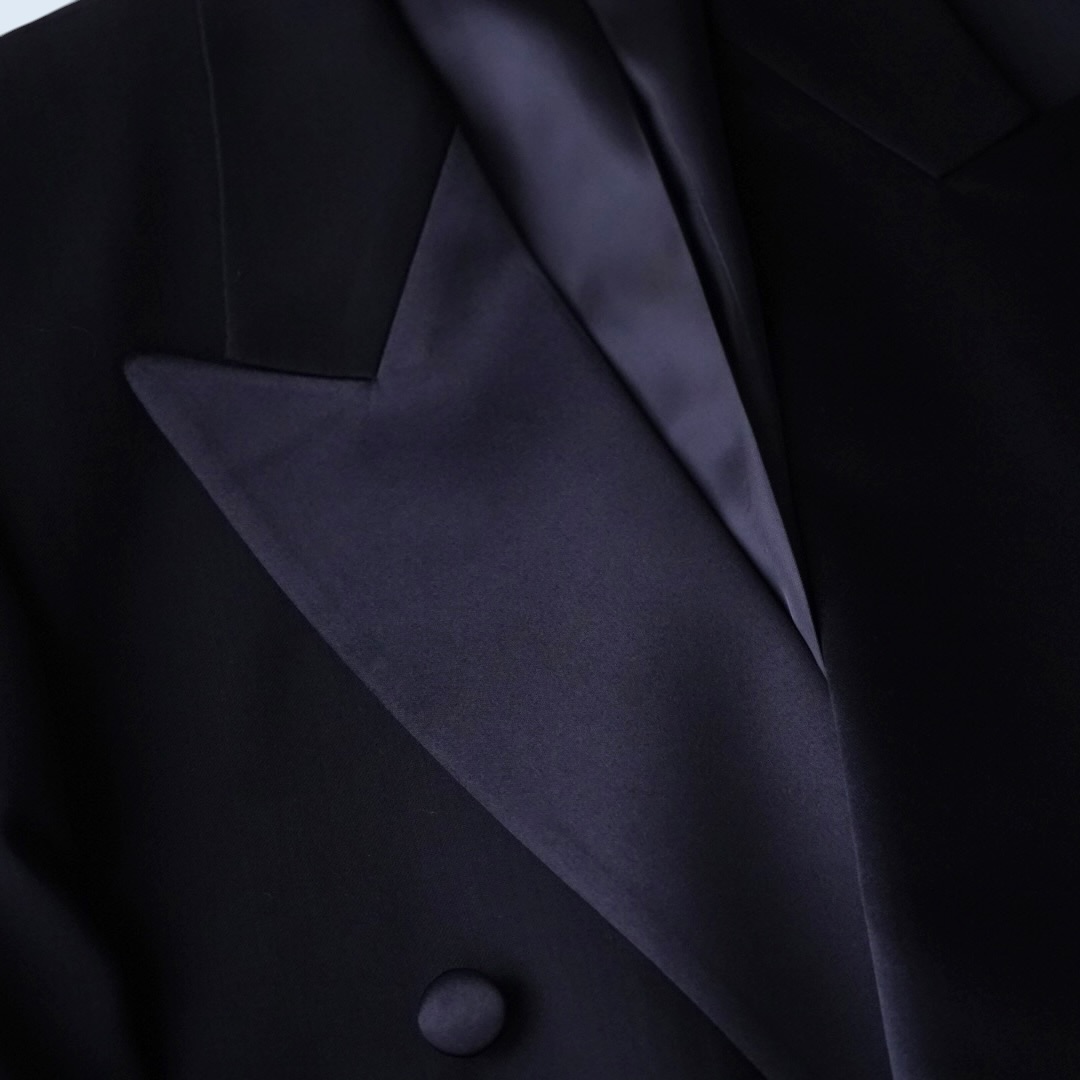 wool gabardine black satin lapel double breast tailored jacket