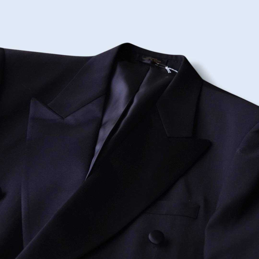 wool gabardine black satin lapel double breast tailored jacket