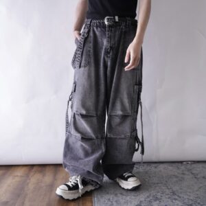 multi gimmick fade black gray techno wide denim pants