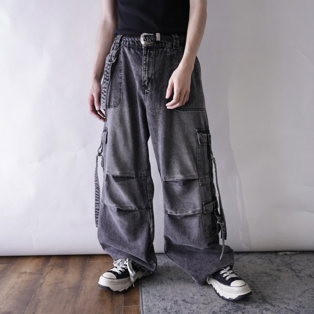 multi gimmick fade black gray techno wide denim pants