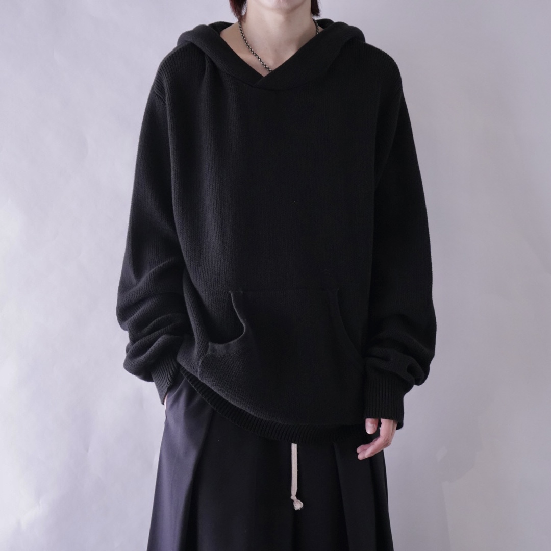 black cotton knit fabric hooded parka