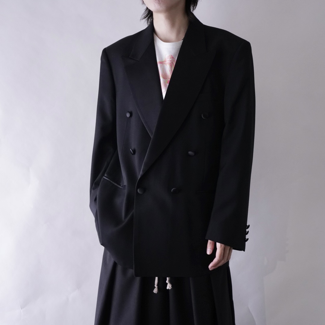 wool gabardine black satin lapel double breast tailored jacket