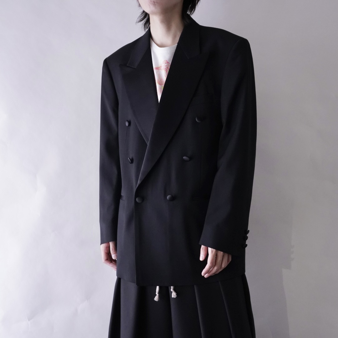 wool gabardine black satin lapel double breast tailored jacket