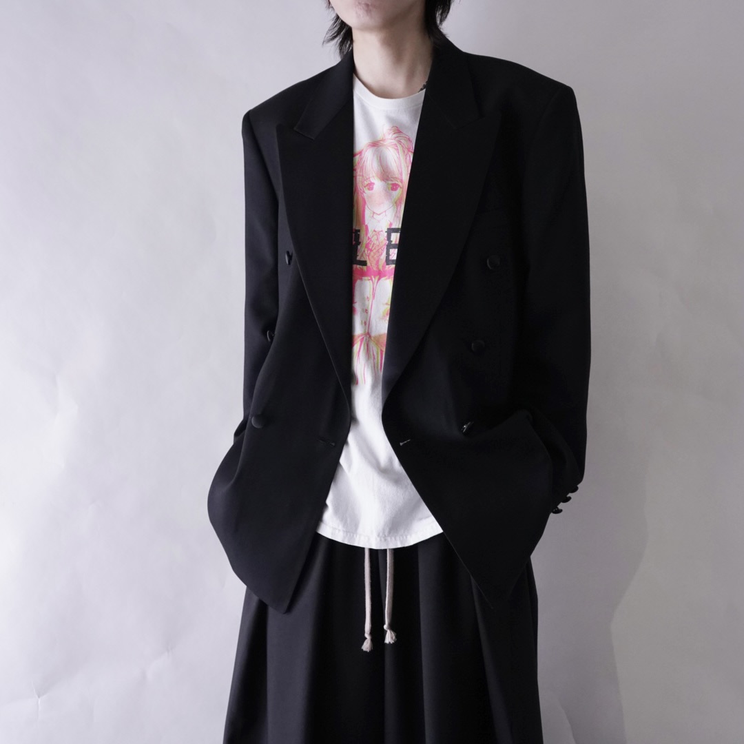 wool gabardine black satin lapel double breast tailored jacket