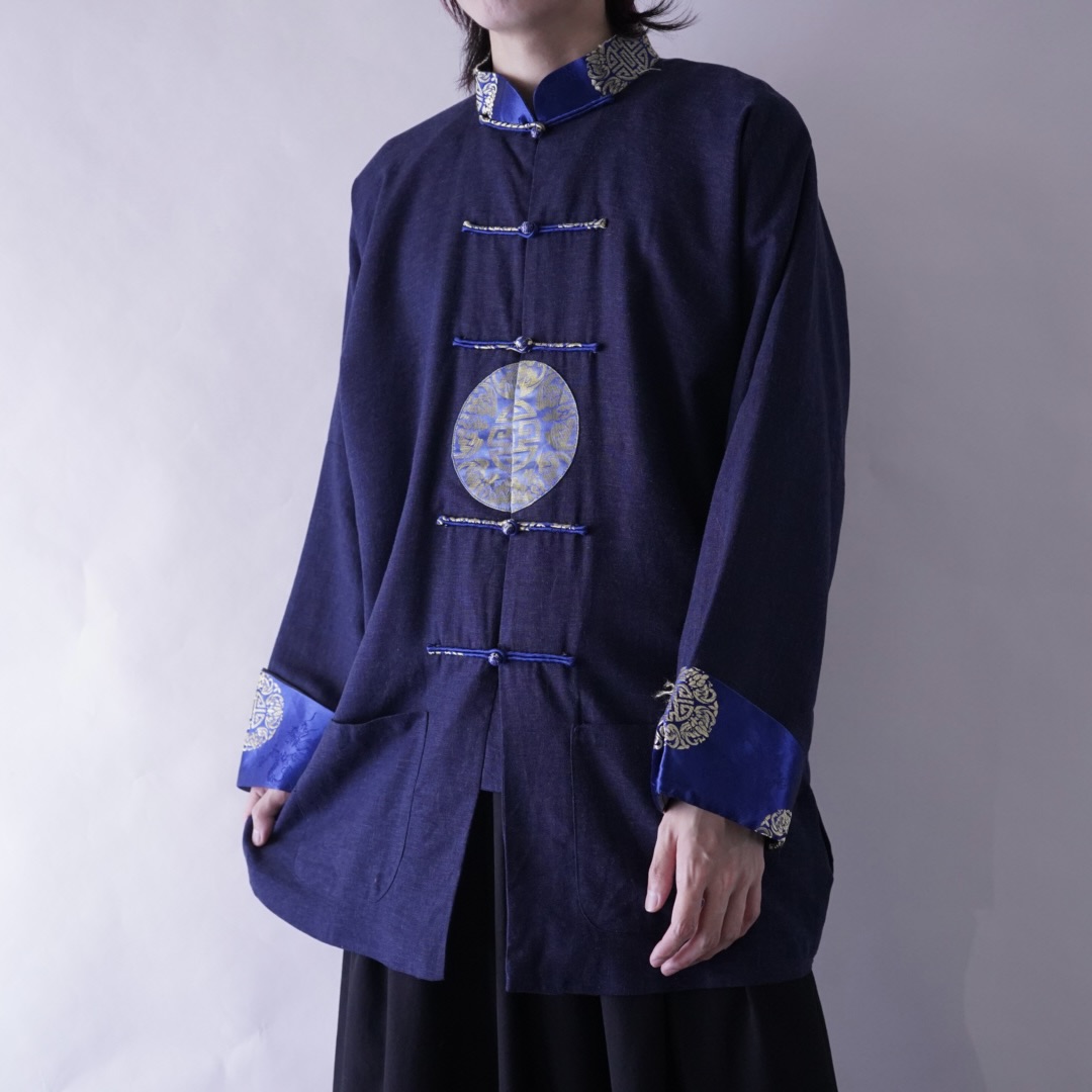 glossy pattern switching blue China shirt